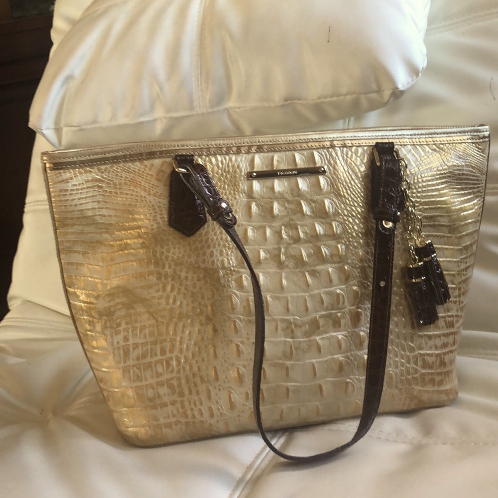 Brahmin large shoulder bag, 10” tall, 16” wide, and 6” wide at the bottom.